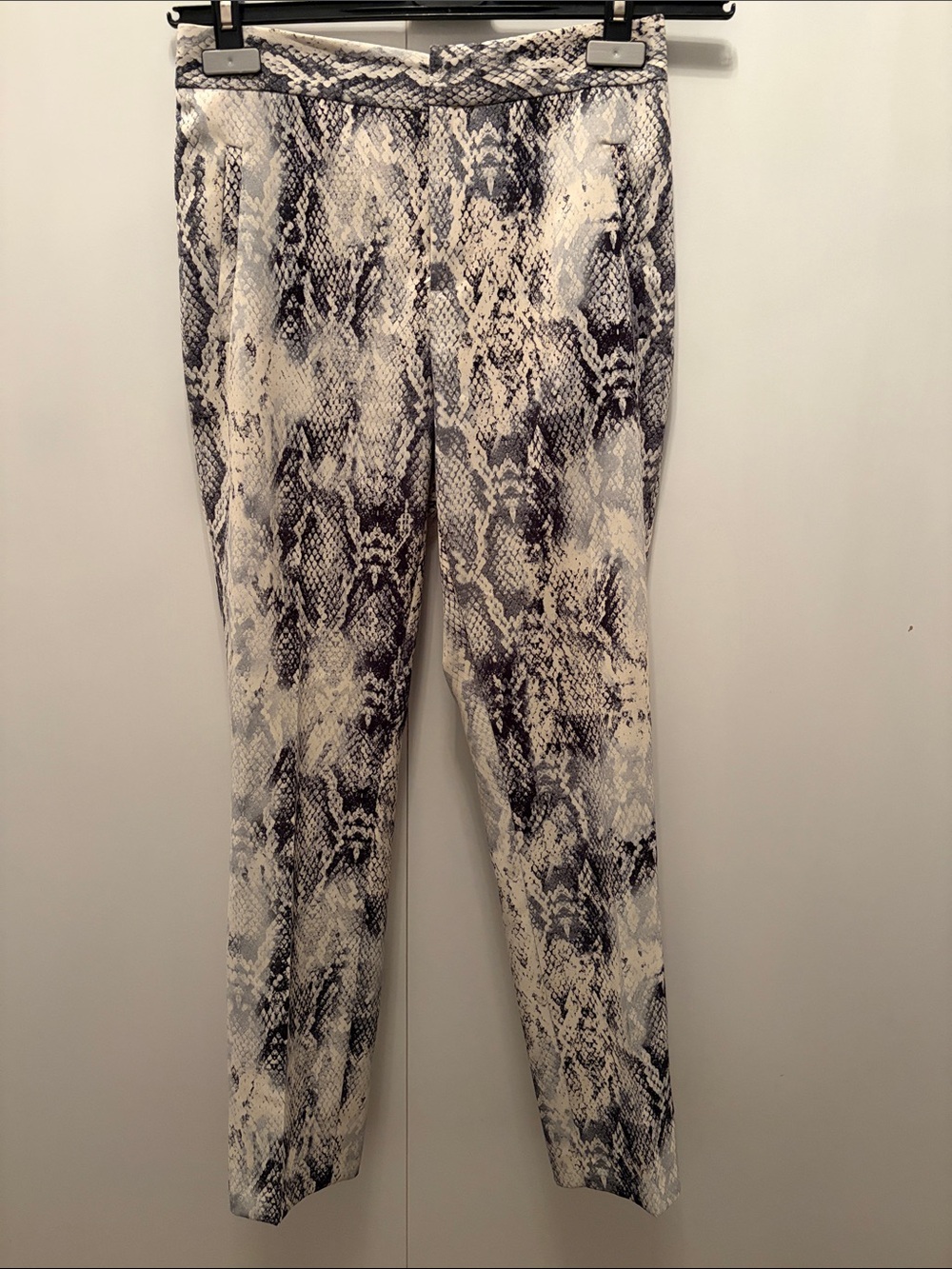 Zara Snake-Print Slim Ankle Pants in White and Gray